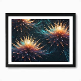 Three Glowing, Ethereal Flowers In Pink, Orange, And Blue Float Against A Dark Background With Swirling Particles And Abstract Shapes Art Print