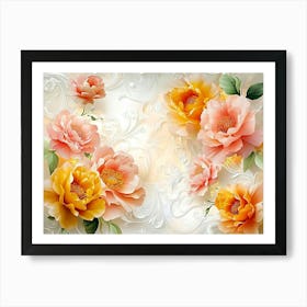 3d Stretch Ceiling Designation with Orange and Yellow Flowers, Pink Peonies and White Swirls Art Print