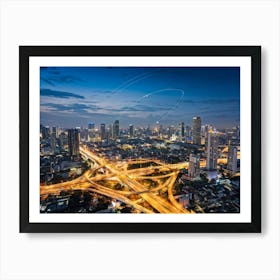 Aerial View Of Bangkok At Night Showcasing The Metropolitan District Interwoven With A Complex Tele (2) Art Print