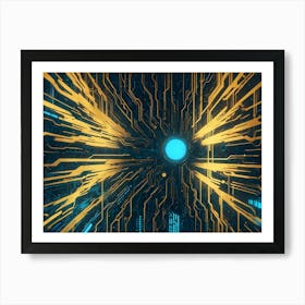 An Abstract Image Of A Futuristic, Technological Tunnel With Glowing Blue And Yellow Lines 1 Art Print