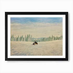 Man Playing Piano In Snow Covered Meadow White Sky Art Print