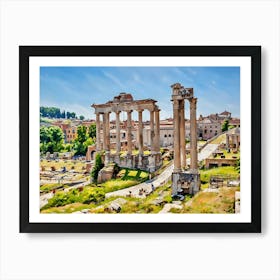 Ancient Roman Ruins. The image depicts the ruins of ancient Roman structures, characterized by tall, weathered columns standing in a grassy archaeological site. The background includes modern buildings and lush vegetation, creating a striking contrast between ancient and contemporary elements. 1 Art Print