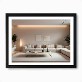 A Modern Living Room Interior With A Beige Sectional Sofa, A Coffee Table, Two Plants, And A Tv Art Print