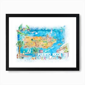 Puerto Rico Caribbean Illustrated Travel Map With Roads And Highlights Art Print