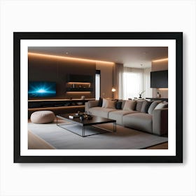 A Modern Living Room With A Dark Gray Wall, A Beige Couch, A Coffee Table With Gold Accents, And A Large Screen Tv Art Print