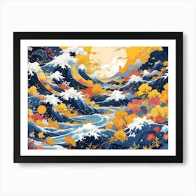 A Digital Painting Of A Japanese Inspired Landscape With Large, Stylized Waves, A Full Moon, Mountains, And A Foreground Filled With Trees And Flowers Art Print