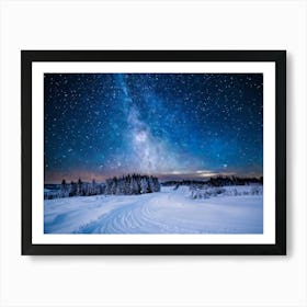 A Majestic Snowy Landscape Of Scandinavia Covering The Background Frost Covered Ground Resting Un (1) Art Print