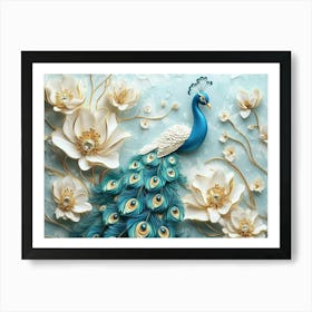 3d Peacock Illustration Background With Golden Jewelry And Flowers 3 Art Print