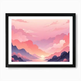 Serene Landscape With A Calm Lake Reflecting The Pink And Orange Hues Of A Breathtaking Sunset Sky, Surrounded By Mountains And Lush Vegetation In Shades Of Purple And Pink Art Print