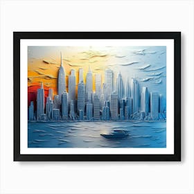 3d Relief with City Skyline with Raised Elements, Oil Painting Art Print