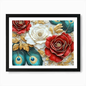 3d Seamless Pattern Diamond Painting White, Crimson, Turquoise and Golden Roses Flowers 1 Art Print