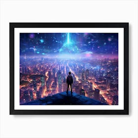 Man stands on rooftop of a tall building, gazing at an abstract, modern, sci-fi city Art Print