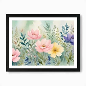 A Watercolor Illustration Of Colorful Flowers With Green Leaves And A Light Green Background Art Print