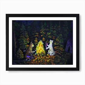 Cats Have Fun Cats Around The Fire Cook Dinner At Night In The Forest Art Print