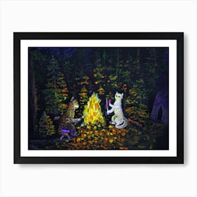 Cats Have Fun Cats Around The Fire Cook Dinner At Night In The Forest Poster