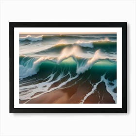 A Series Of Powerful, Turquoise Ocean Waves Crash Onto A Sandy Shore At Sunset, Creating A Dynamic And Colorful Display Of Nature S Force Art Print