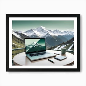 A Laptop With A Mountain Scene On The Screen Sits On A Table On A Balcony With A Mountain View Art Print