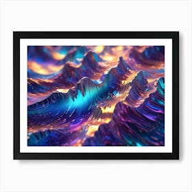 Abstract 3d Rendering Of A Landscape Made Of Iridescent, Metallic Waves, With Peaks And Valleys In Shades Of Purple, Blue, Orange, And Gold Art Print