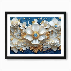 An Intricate 3d Artwork Illustration With A White And Blue Backdrop, Embellished With Gold Jewelry 2 Art Print