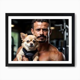 Bodybuilder holding cute Chihuahua dog 4 Art Print