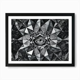 Sacred geometry series, Symmetry in Shadows: An Eye Enclosed by Geometric Patterns Art Print