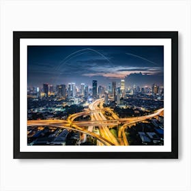 Aerial View Of Bangkok At Night Showcasing The Metropolitan District Interwoven With A Complex Tele (4) Art Print