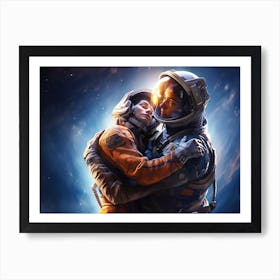 astronaut couple in a weightless embrace Art Print