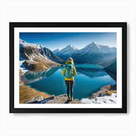 Woman trekking at snowy winter Alps, Rocky Mountains 9 Art Print