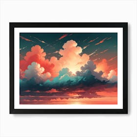 A Colorful, Abstract Image Of Clouds In A Vibrant Sunset Sky With Streaks Of Light Art Print