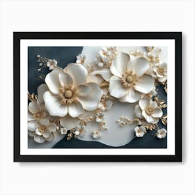 3d White And Blue Background With Golden Jewelry And Flowers 1 Art Print