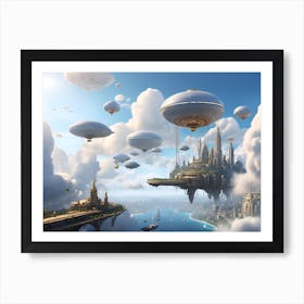 A floating city in the clouds, with airships docking at sky-high platforms Art Print