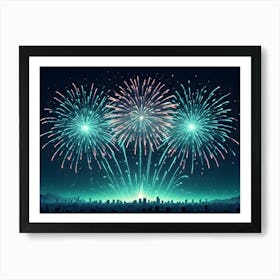 A Digital Illustration Of Fireworks Exploding In The Night Sky Over A Cityscape Art Print