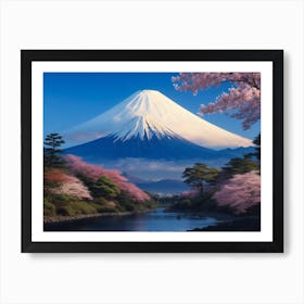 Reflections of Nature: Mount Fuji and Cherry Blossoms in the River Art Print