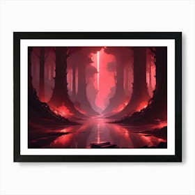 A Narrow Forest Path With Tall, Red Trees And A River In The Middle Leads To A Bright, Glowing Light In The Distance Art Print