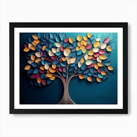 Colorful Tree With Leaves On Hanging Branches Of Blue, White And Golden Illustration Background Art Print