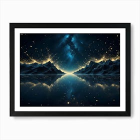 A Breathtaking Night Scene With Dark Mountains Reflected In A Calm Lake, Under A Starry Sky With A Bright Blue Nebula, Illuminated By Golden Streaks Of Light Art Print