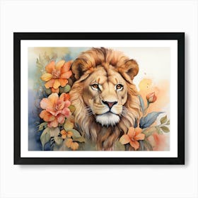 Lion Floral Wild Life Watercolor Art Print