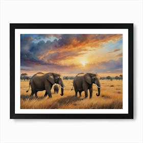 Elephants At Sunset Golden Grasses, Endless Skies Art Print