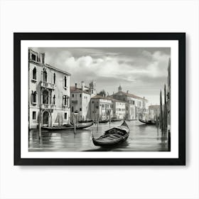 Gondolas on the Gran Canal in Venice, Italy. AI generated in black and white. Art Print