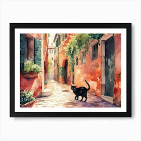 Black Cat In Ravenna, Italy, Street Art Watercolour Painting 4 Art Print