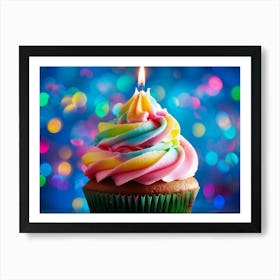 Cupcake With Vibrant Swirls Of Pink Blue And Green Frosting Single Lit Candle Atop Celebrating A (2) Art Print