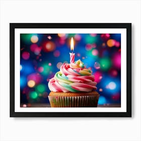 Cupcake With Vibrant Swirls Of Pink Blue And Green Frosting Single Lit Candle Atop Celebrating A (5) Art Print