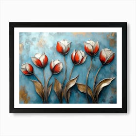 Group Of Red Tulips On A Blue Background Art Print