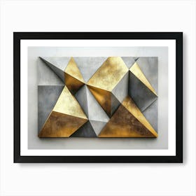 3d Geometric Triangles in Gold and Gray Design Art Print