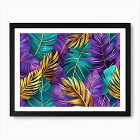 Tropical Colorful Leaves in Blue Green Gold Purple Hand Painted 3d Illustration Floral Seamless Pattern Art Print