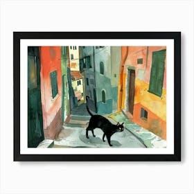 Black Cat In Ancona, Street Art Watercolour Painting 1 Art Print