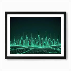 Abstract Image Of A Digital City Skyline With Glowing Green Lines, Representing A Futuristic Metropolis Art Print