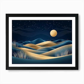 Abstract Sand Dunes Landscape With Moon At Night Painting Poster