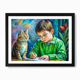 Boy Writing With Cat Watching Art Print