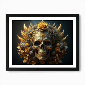 Human Skull With Golden Floral Wreath Art Print